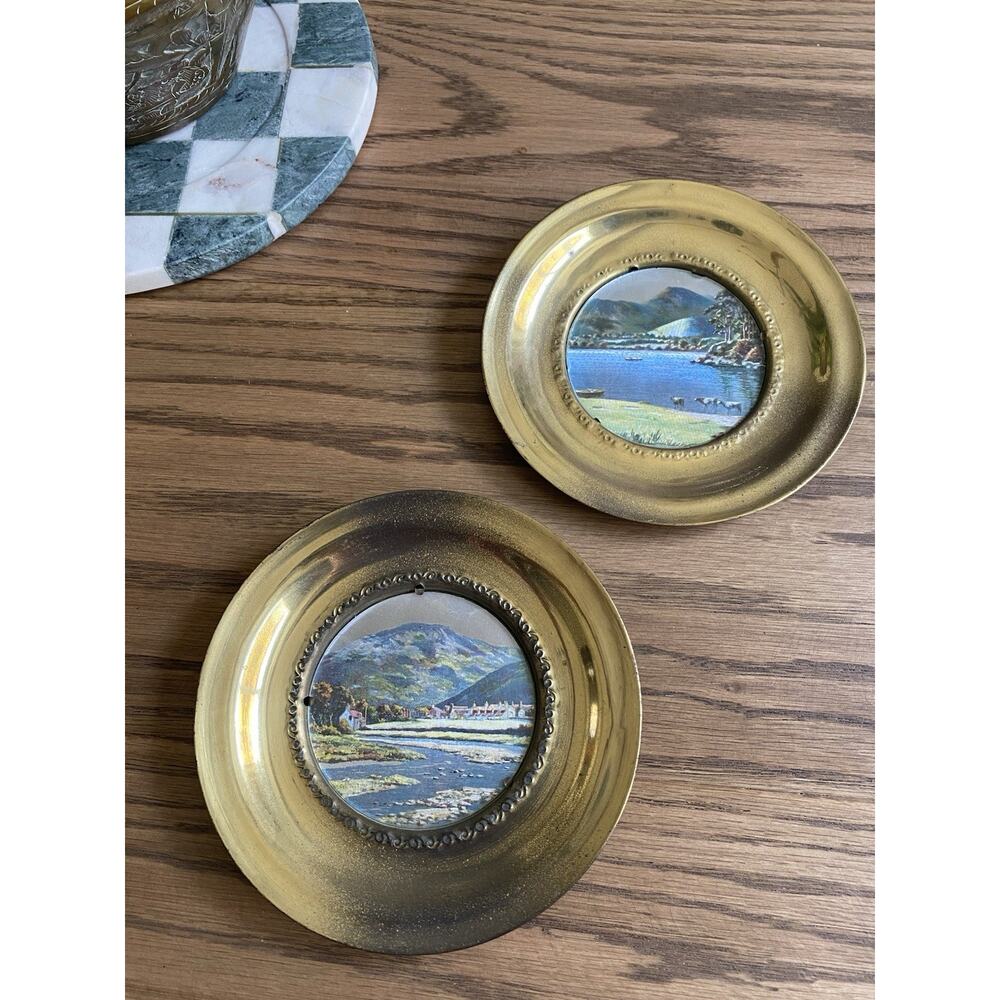 Vintage Brass Frame Mini Pastoral Scene Wall Plaque Cottage Landscape Foil Set